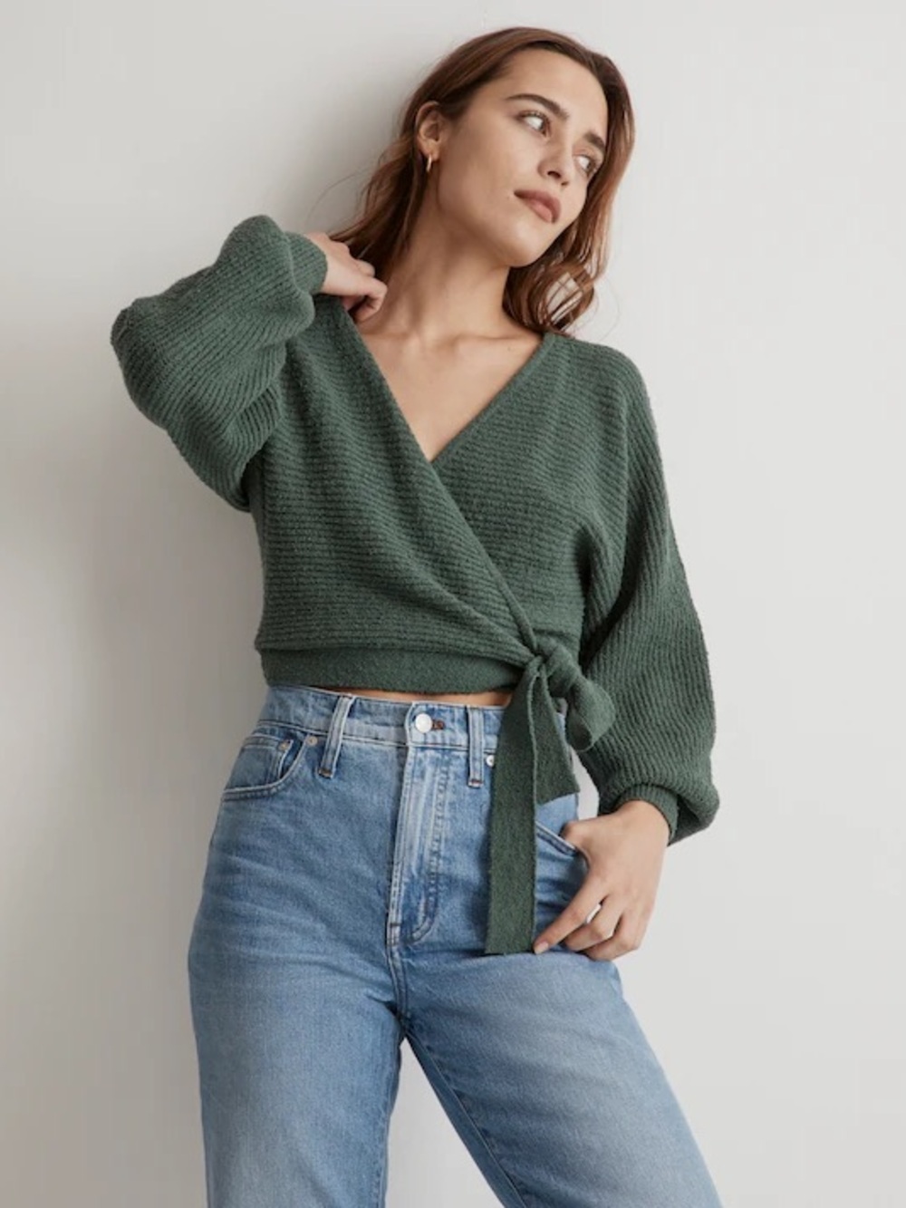 Green knit wrap v-neck sweater